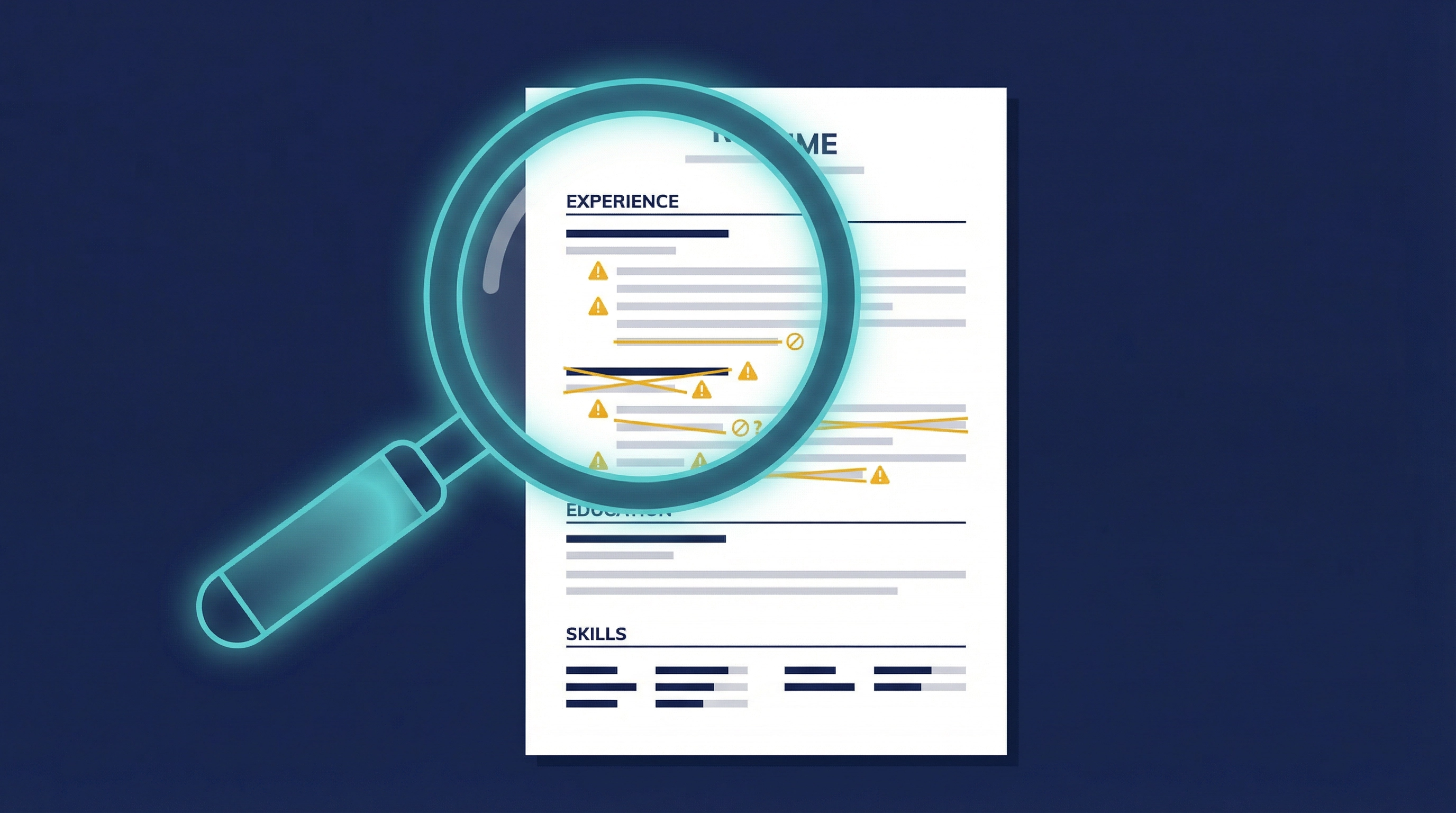 Flat illustration on a dark navy blue background. A large magnifying glass with a glowing teal lens ring and handle hovers over a white resume document. Inside the magnifying glass lens, hidden red flags are revealed: gold exclamation mark triangles, crossed-out lines, and warning symbols scattered across the resume content. Outside the lens, the resume appears clean and normal with no visible issues. Gold is used for warning highlights, teal for the magnifying glass glow, and white for the resume document.
