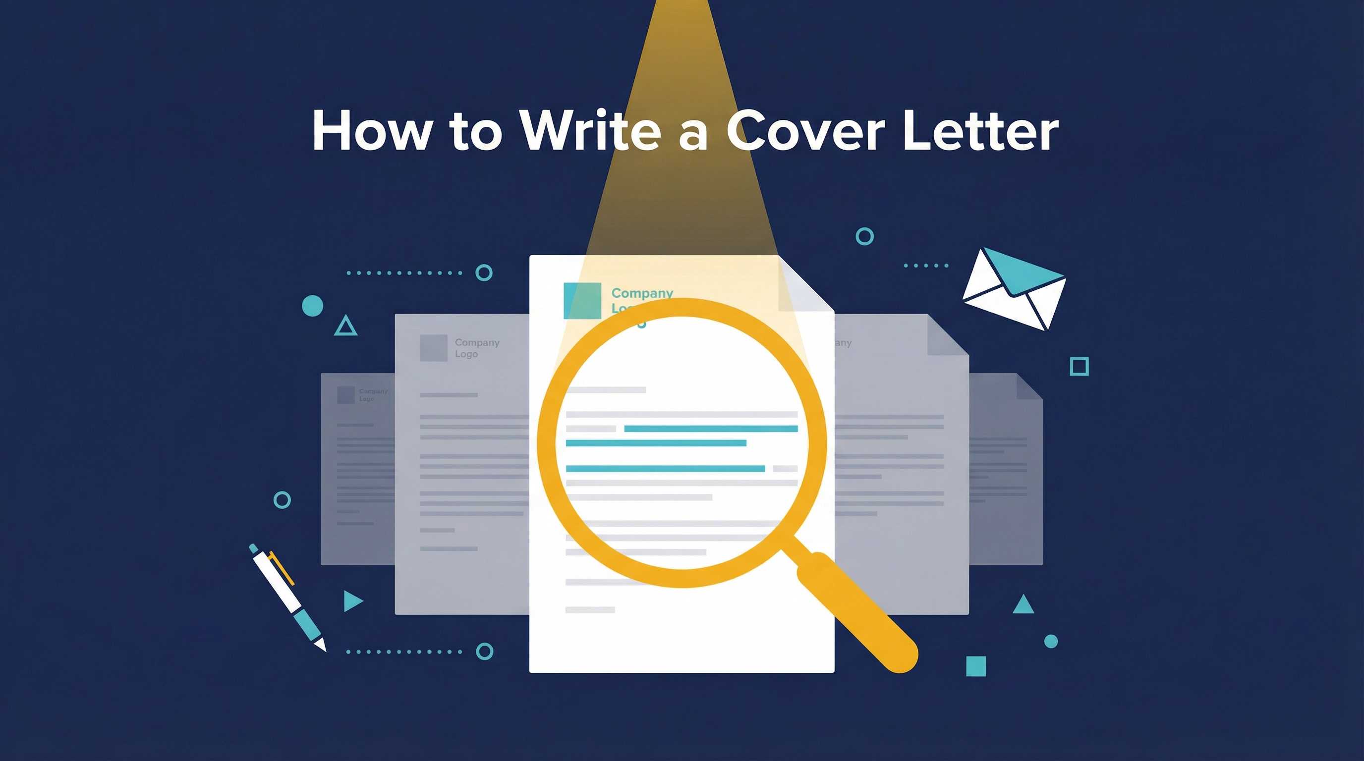 Flat vector illustration showing a tailored cover letter highlighted by a golden spotlight and magnifying glass, standing out from a stack of generic grey cover letters on a dark navy background, with decorative elements including a pen and envelope