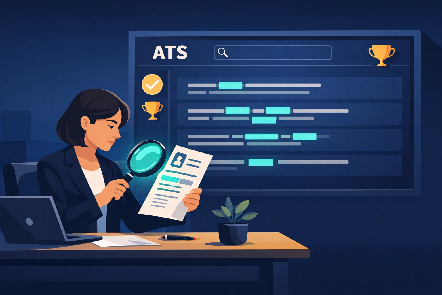 Flat illustration on a dark navy background. A professional recruiter sits at a desk, thoughtfully examining a resume through a magnifying glass. Behind them, a large digital screen displays an ATS (Applicant Tracking System) interface with teal-highlighted search results and keyword matches. The scene is calm and professional, using a palette of dark navy blue, teal, and subtle gold accents.