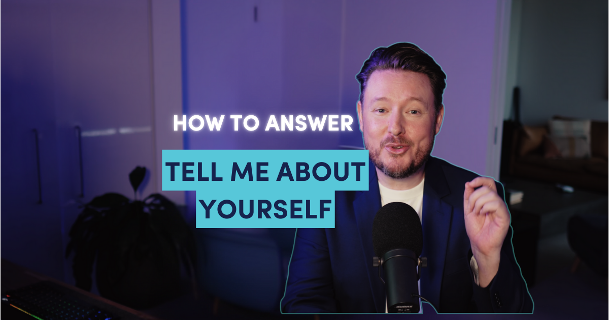 An image of a man talking into a podcast microphone with the text "how to answer: tell me about yourself"