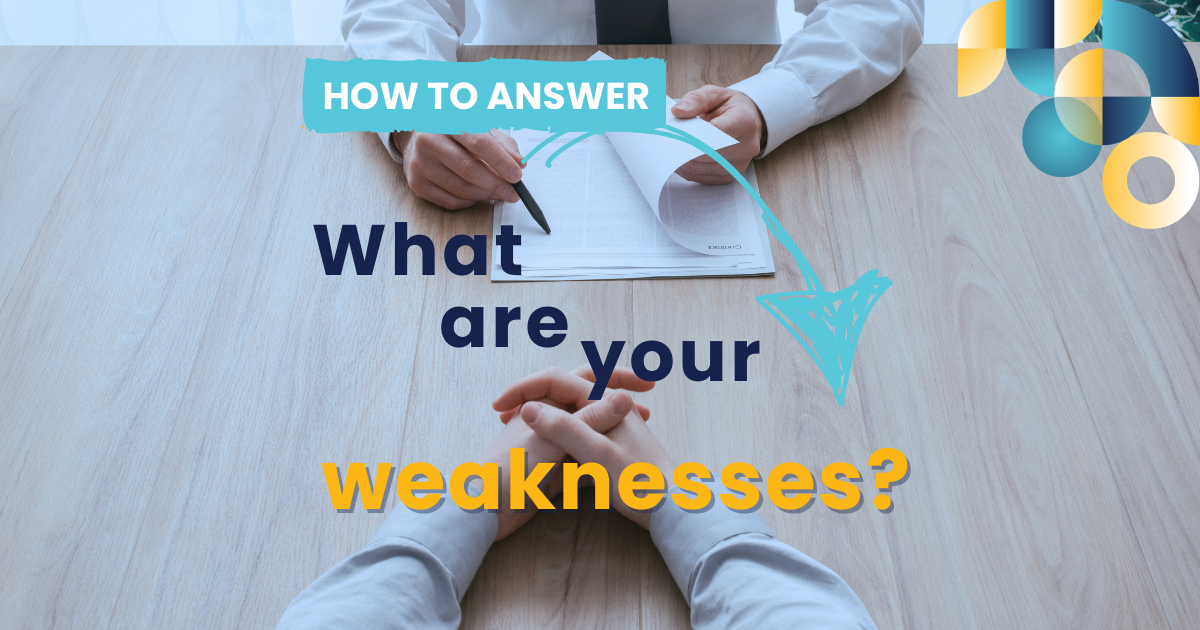 an image of two people's hands on a desk with paperwork and the writing "how to answer what are your weaknesses"
