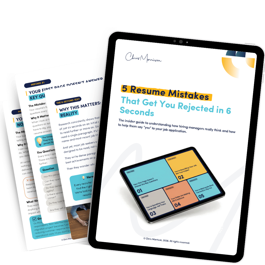 Mockup of free guide called 5 Resume Mistakes That Get You Rejected in 6 Seconds