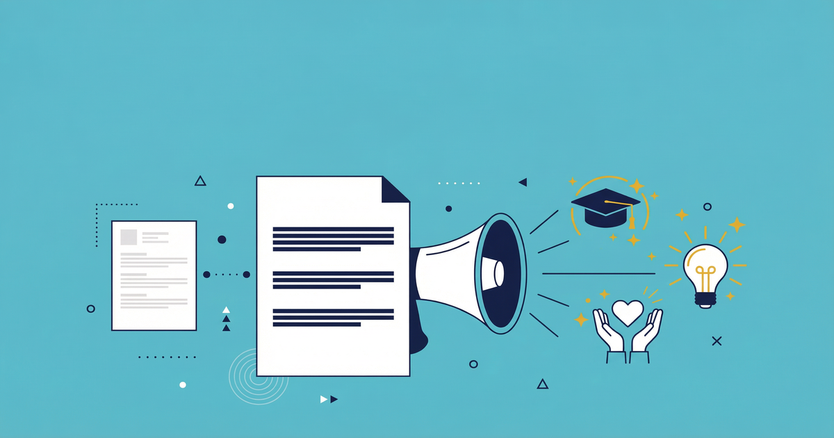 Flat vector illustration showing a cover letter acting as a megaphone to amplify a thin resume, with icons for academic work including a graduation cap, volunteer work shown as hands holding a heart, and personal projects represented by a lightbulb, all on a teal background