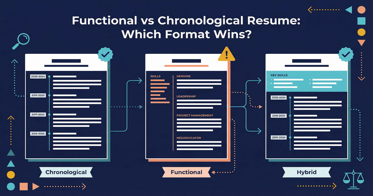 Flat vector illustration comparing three resume formats side by side: a chronological resume with dates and clear timeline marked as recommended, a functional resume organised by skill categories marked with a caution warning, and a hybrid resume combining a career profile section with chronological history marked as recommended
