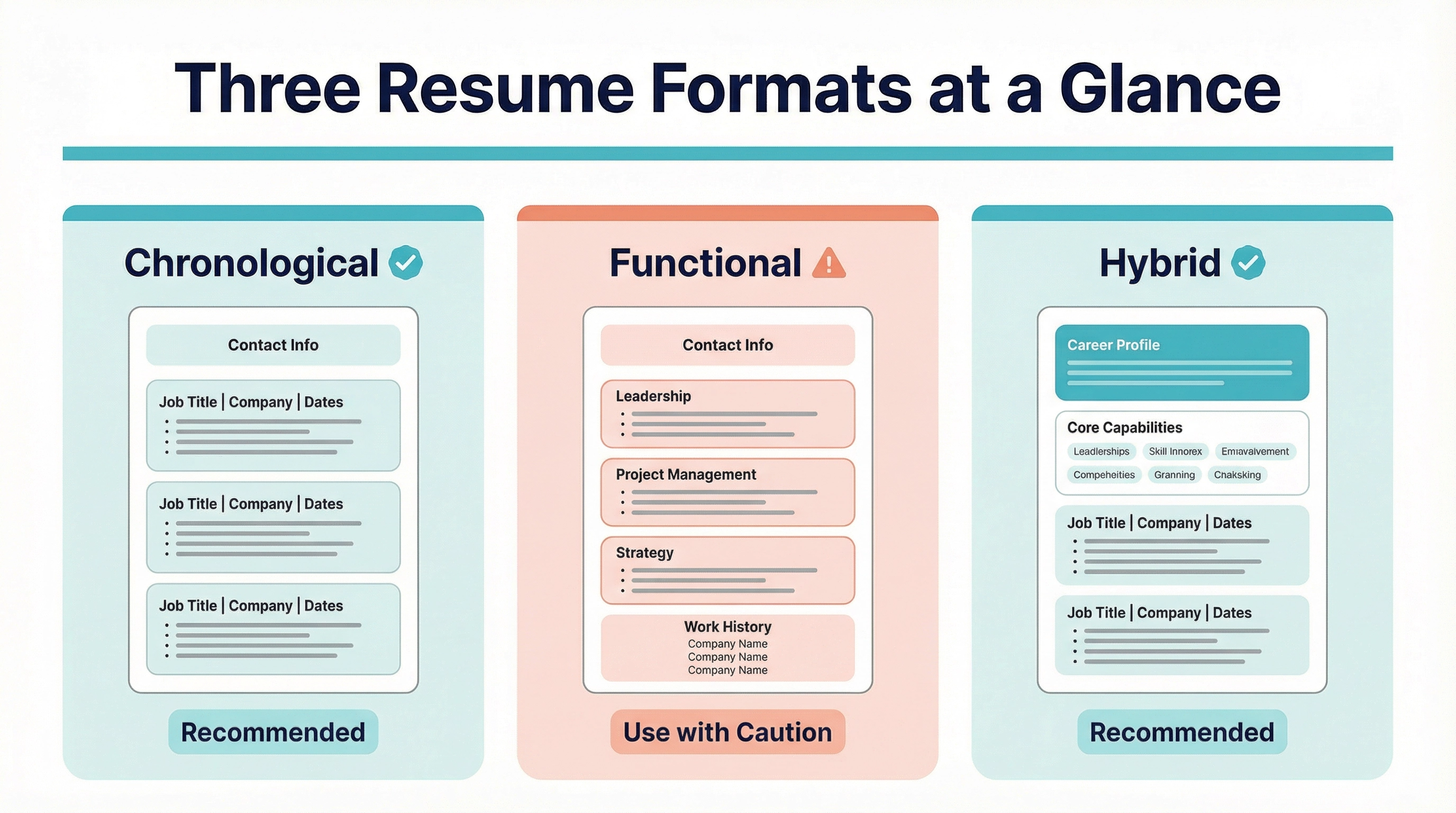 Infographic comparing the structure of three resume formats: chronological format showing job titles with companies and dates in reverse order, functional format grouping experience by skill categories like leadership and project management with minimised work history, and hybrid format leading with a career profile and core capabilities followed by chronological work history