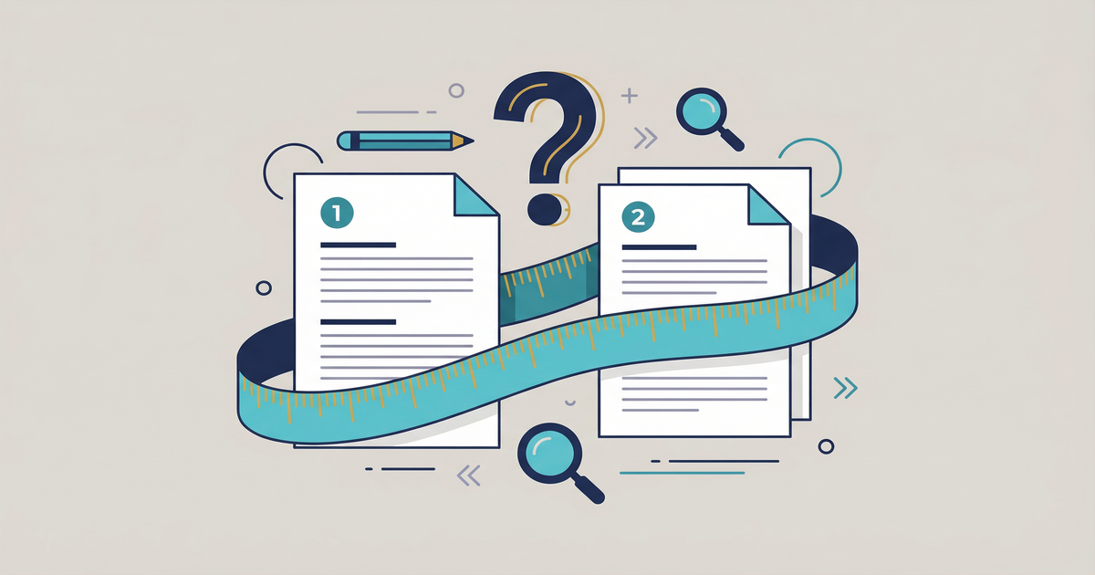 Flat vector illustration comparing a one-page and two-page resume with a measuring tape wrapped around both documents and a question mark, representing the question of how long a resume should be